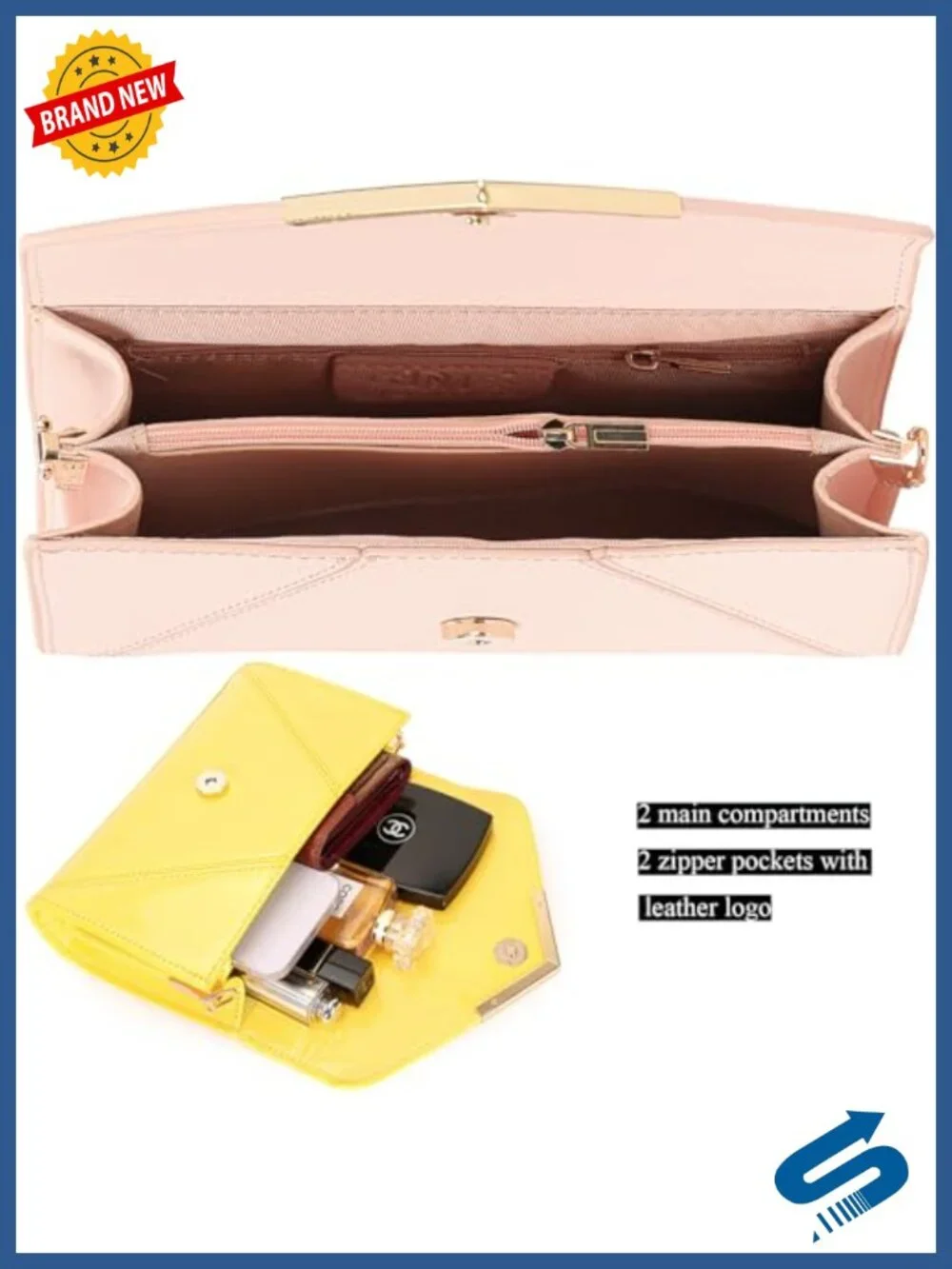 Faux Saffiano Leather Envelope Clutch Evening Bag with Chain Strap